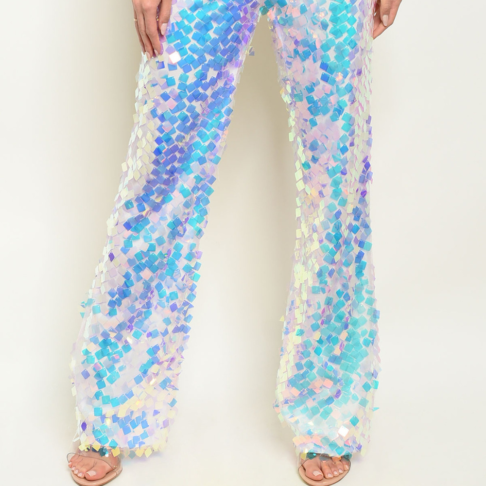 Ladies Blue White Sequin Wide Leg Pants Bottoms - Picture 3 of 4